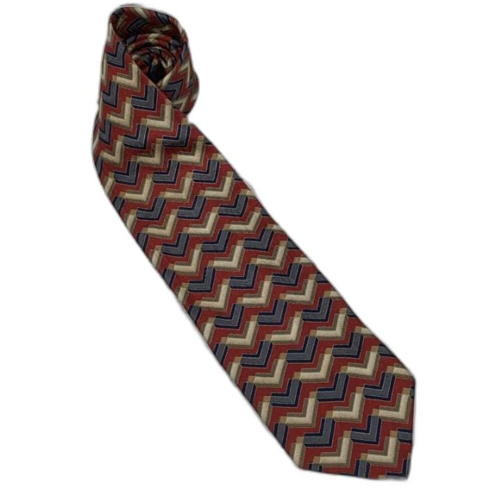 Alfani Silk Tie Red Blue Chevron Geometric Pattern Zig Zag Neck Tie Costello Red